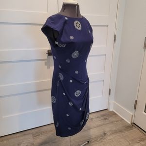 Tahari Petite, Silk, Navy Blue Print Dress, Mock Wrap, Sarong, size 10